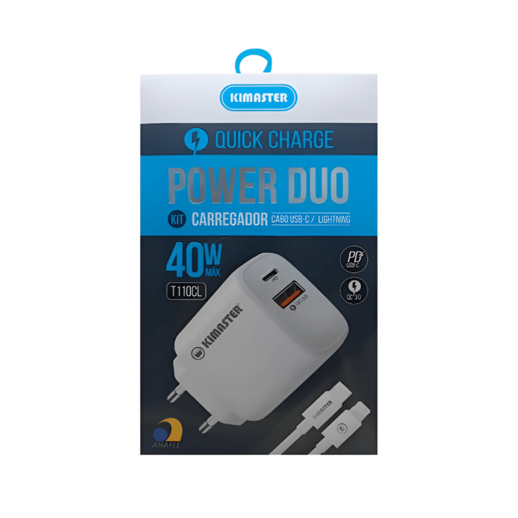 Kit Carregador Kimaster Power Duo 40W + Cabo USB-C para Lightning